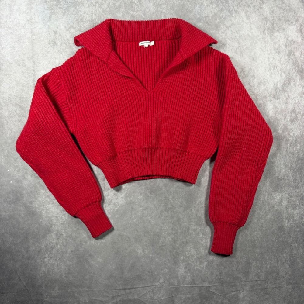 Immodel Red Ribbed Knit Cropped Sweater V-Neck Wide Collar Size L Y2K Pullover